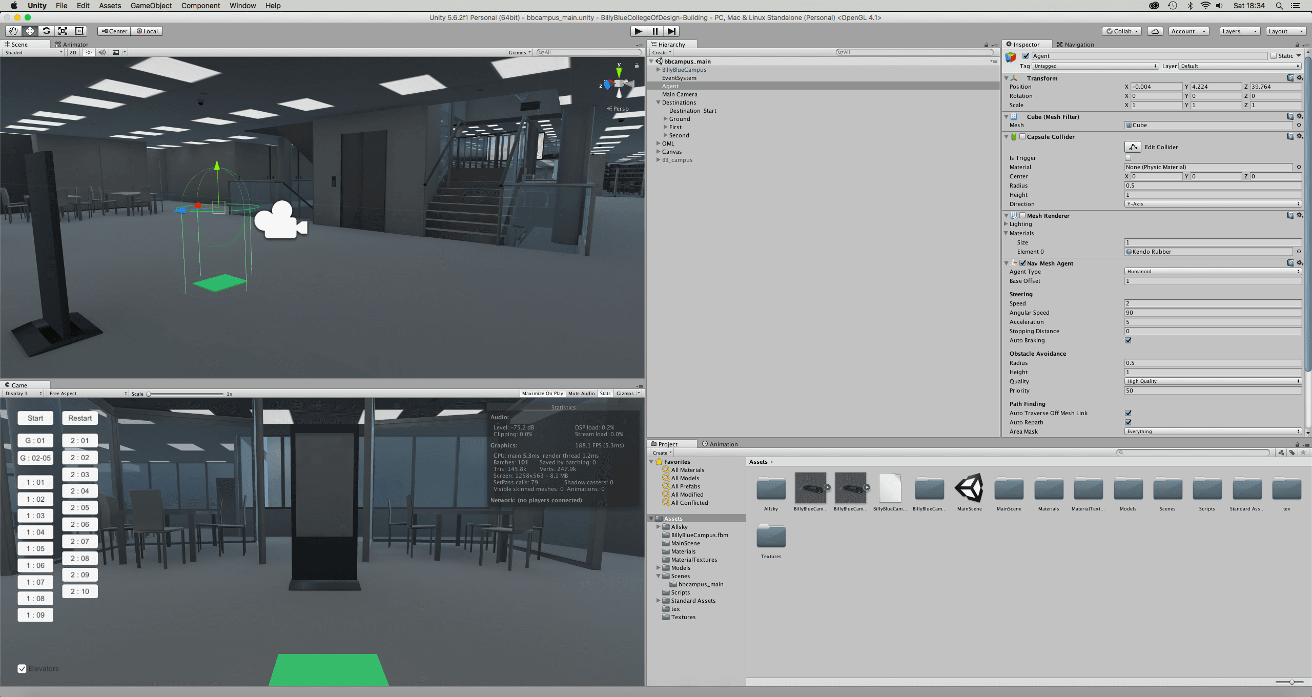 Configuring the settings for a navmesh agent and attaching cameras